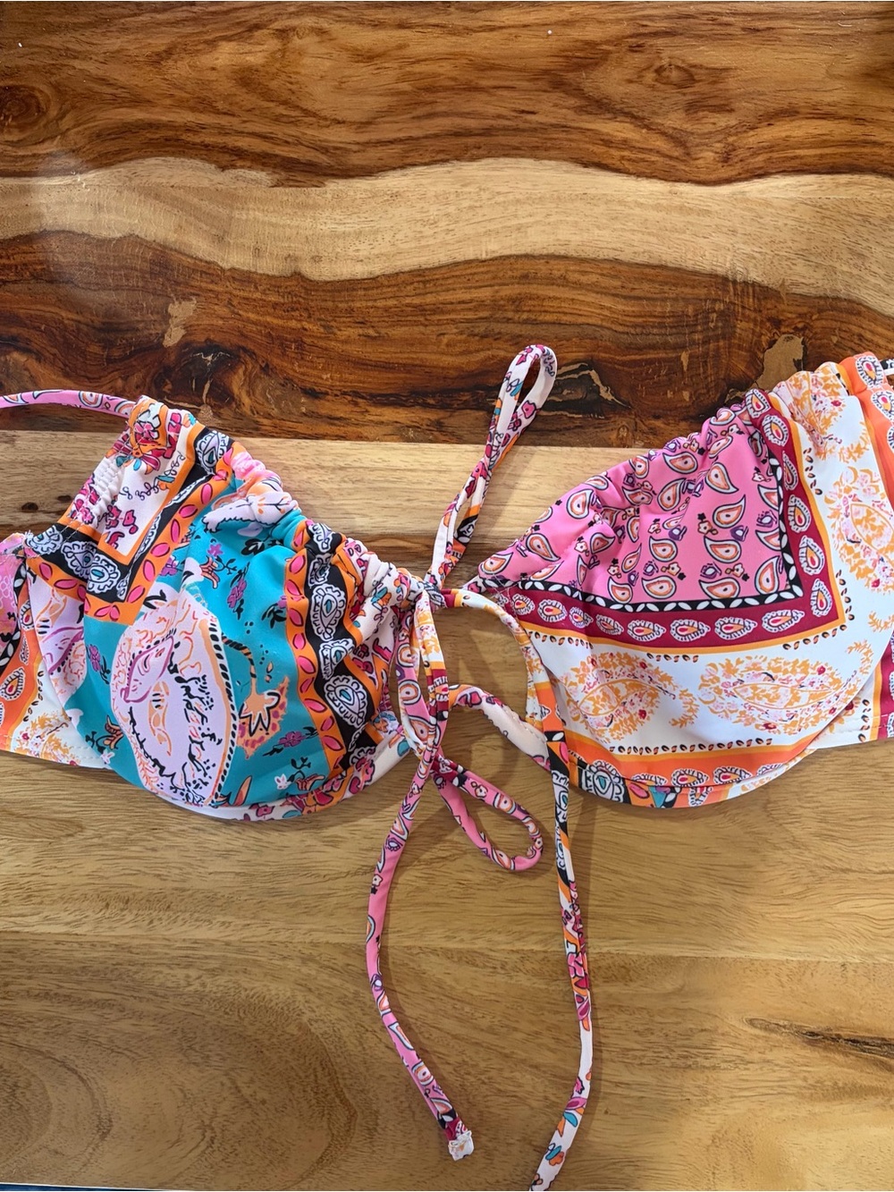 Paisley Tie-Front Bikini Top in Pink & Teal